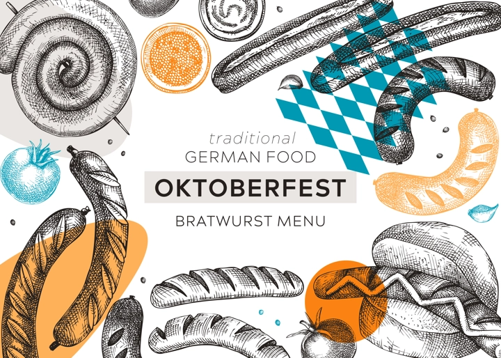 Grilled sausage frame in collage style. Hand-drawn fast food illustration. Barbeque party sketched banner. German food sketches. Oktoberfest background. For picnic, delivery, bar or restaurant design